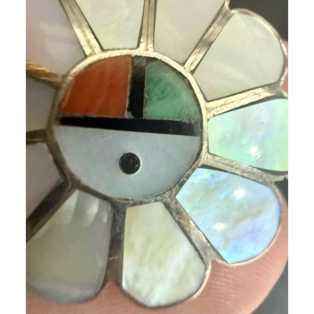 Vintage Zuni Pendant Brooch Sun Face Sterling Silver w/ Inlay Gemstones 1
